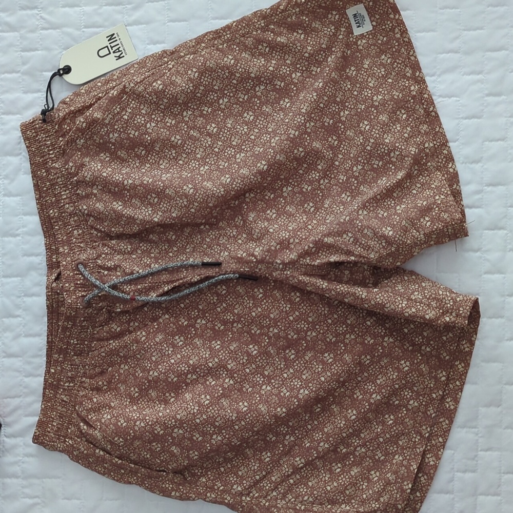 Katin mens swim trunks/lined shorts size large brown print